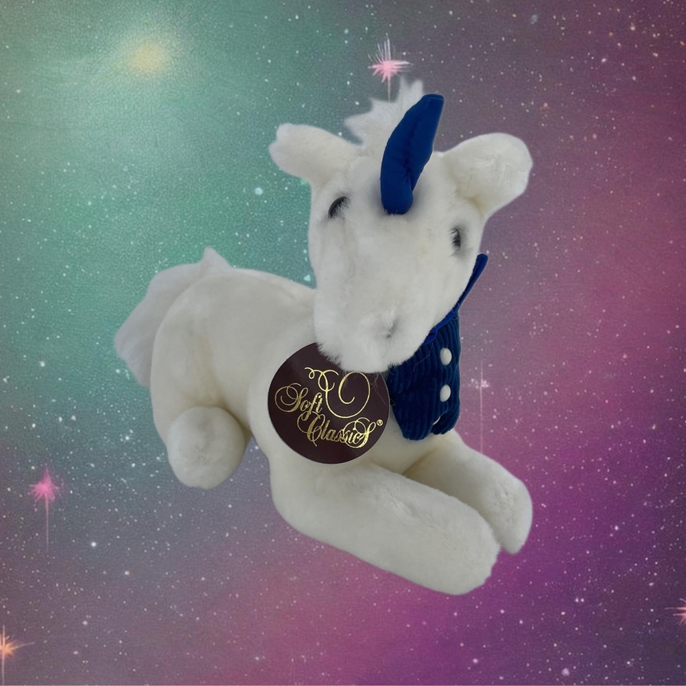Vintage 1988 Dakin Soft Classics Unicorn White w/ Blue Tux 80s Stuffed Animal